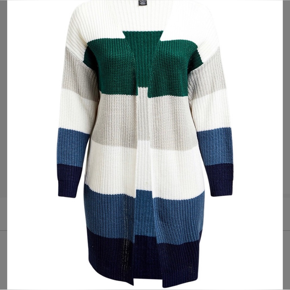 Striped Open-Front Long Cardigan Sweater - Green/White/Blue